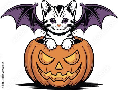 Black and white kitten with purple bat wings in jack o lantern