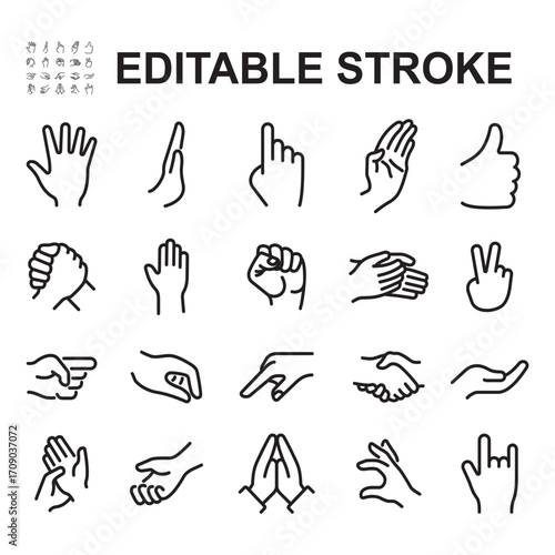 A collection of hand icons. Thin line style vectors. Contains icons related to various hand gestures such as pointing, making a fist, shaking hands, and more.
