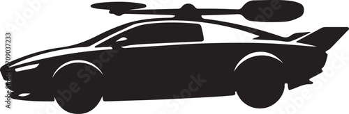 Black silhouette of a futuristic flying car with rotor blades and tail fin futuristic vehicle transportation