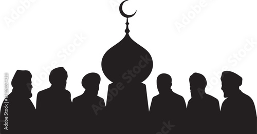 Black silhouette of a mosque dome with crescent moon and a group of people islam religion