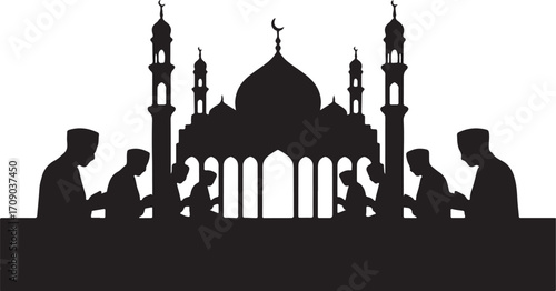 Black silhouette of a mosque with people praying in front Islamic religion