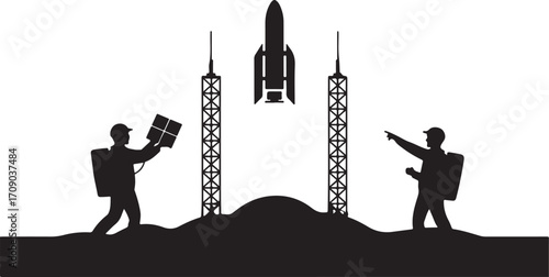 Black silhouette of a rocket launchpad with two figures and a rocket space astronaut