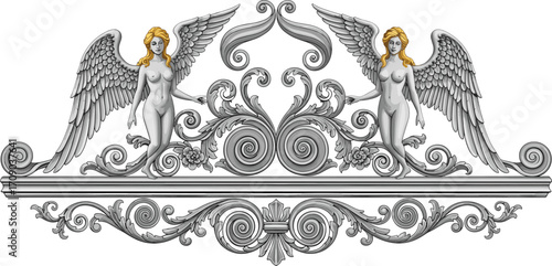 Classic ornamental design with two winged female figures, intricate scrollwork, baroque style, decorative element, architectural detail, vintage art