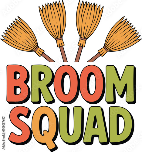 Four cartoon brooms above text broom squad word