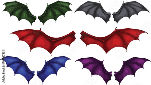 Colorful fantasy dragon wings set, isolated bat-style wings in green, red, blue, purple, black, perfect for game design, illustration.