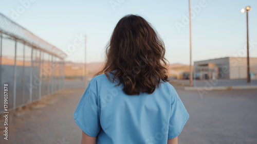 Female inmate standing alone in outdoor prison yard wearing blue uniform facing barbed wire fence under evening light.