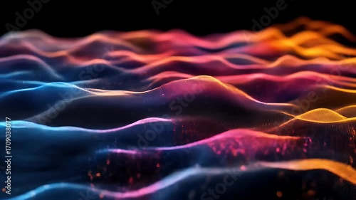 Abstract wavy forms in vibrant colors against a dark background