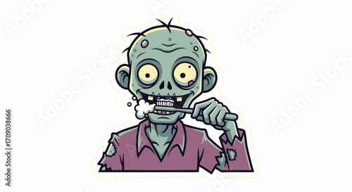 Cartoon zombie brushing its teeth illustration.