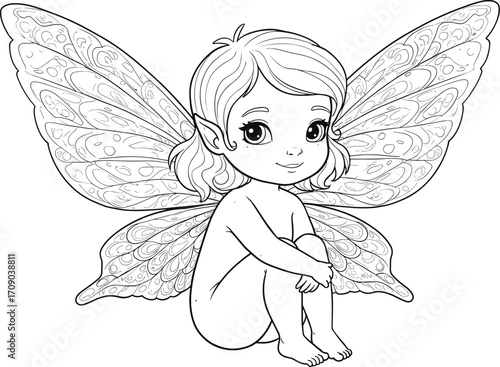 Cute baby fairy sitting with butterfly wings, fantasy character for coloring books, magical creature illustration for kids and adults.