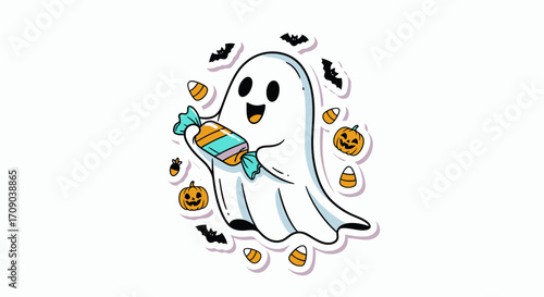 Cute Ghost with Candy Halloween Sticker.