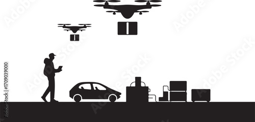 Silhouette of person with drone and delivery scene with car and packages vector