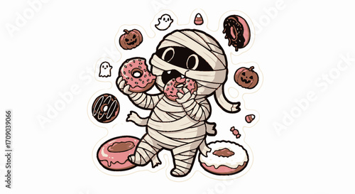 Cute Mummy Eating Donuts Halloween Illustration.
