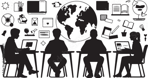 Silhouettes of people at desks with laptops and globe computer