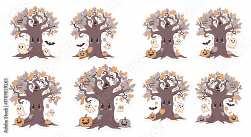 Set of Eight Cartoon Halloween Trees.