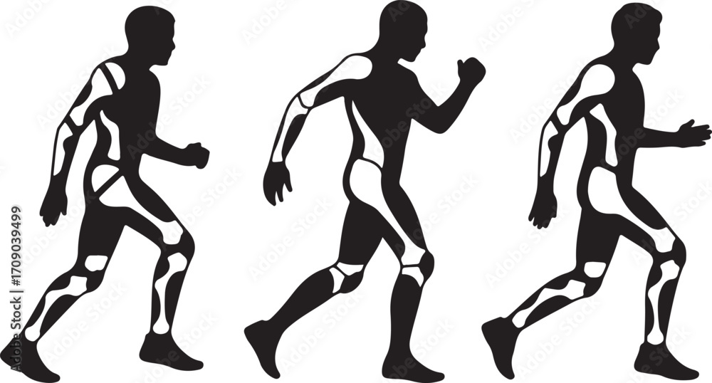 Fototapeta premium Three black silhouette figures of running men with white bone structures visible running man silhouette