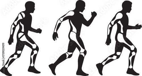 Three black silhouette figures of running men with white bone structures visible running man silhouette