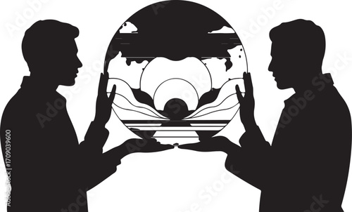 Two black silhouettes of men holding a stylized globe with abstract water and land features vector