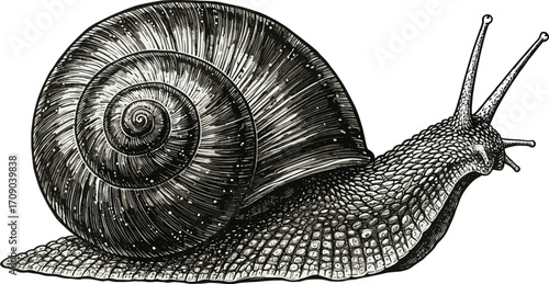 Detailed vintage snail illustration, black and white hand-drawn shell, realistic nature drawing, garden mollusk, spiral shell, wildlife art, vector engraving.