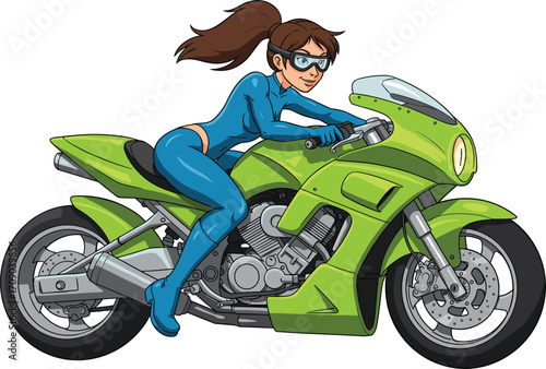 Cartoon woman biker riding green motorcycle, superhero style illustration, dynamic sporty action, blue suit character, female motorbike rider, comic vector.