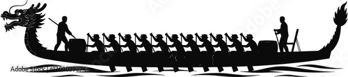 Dragon boat racing silhouette, traditional Asian water sport, team rowing, dragon head boat, teamwork, paddling competition, outdoor activity