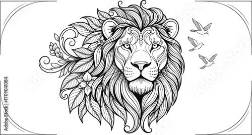 Elegant lion head illustration, floral mane design, detailed line art drawing, adult coloring page, nature inspired artwork, decorative animal sketch