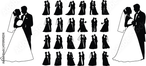 Elegant wedding couple silhouettes, bride and groom embracing, romantic love, wedding celebration, marriage ceremony, black and white vector illustration