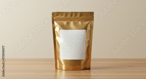 Golden package with white label mockup on table, ideal for showcasing product branding or packaging design with a clean aesthetic.