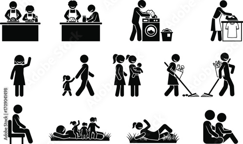 Family life icons, parents with children, household chores, cooking, cleaning, laundry, childcare, outdoor activities, family time, lifestyle illustrations