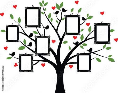 Family tree illustration with photo frames, black silhouette tree, red hearts, green leaves, decorative design, genealogy concept, blank template