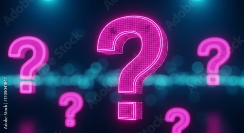 Futuristic glowing pink question marks float in a digital space, sparking curiosity and uncertainty. An enigmatic and modern concept.
