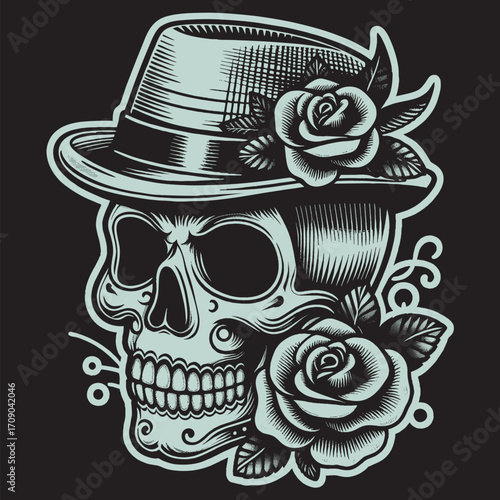 Rockabilly Skull Vector Set Vintage Tattoo and Retro Music Style Illustrations