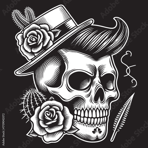 Rockabilly Skull Vector Set Vintage Tattoo and Retro Music Style Illustrations