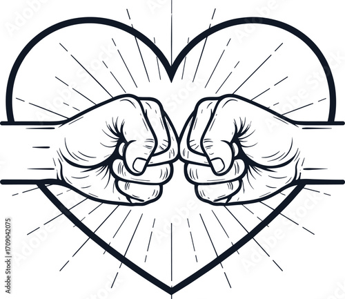 Fist bump illustration, heart symbol design, friendship love concept, teamwork unity gesture, vector drawing art, positive relationship connection graphic