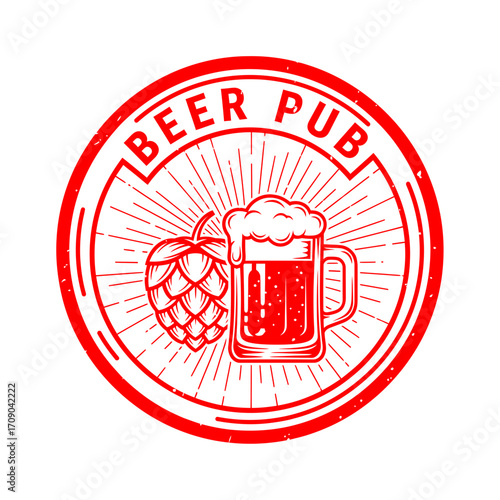 Red Beer Pub Stamp with Hop and Mug