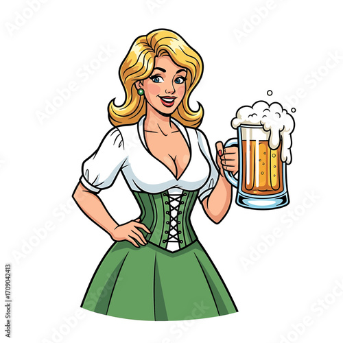 Smiling Blonde Woman in Dirndl Serving Frothy Beer