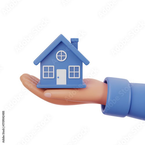 Hand holding a small blue house with white windows and door home real estate