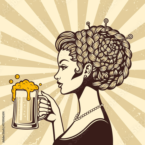 Elegant Woman with Intricate Braid and Beer Stein