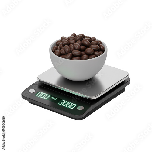 White bowl filled with dark brown coffee beans on a digital scale kitchen scale