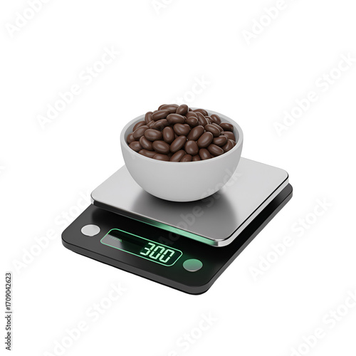 White bowl of dark brown coffee beans on a digital scale showing 300 grams kitchen scale
