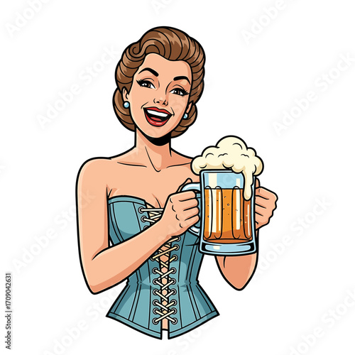 Smiling retro woman in blue corset holding a frothy beer mug