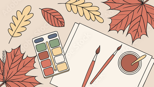 Autumn Leaves Watercolor Painting Supplies Still Life Illustration.