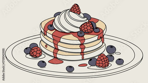 Delicious Pancakes with Whipped Cream and Berries A Sweet Treat Illustration.