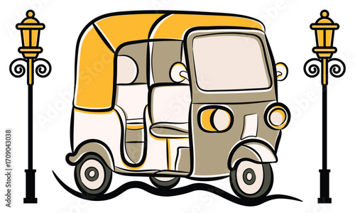 Yellow Taxi with Street Lamp Three Wheels Tuk Tuk Auto Rickshaw City Rider Vector Illustration