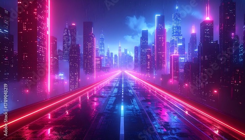A futuristic cityscape, bathed in vibrant neon hues, stretches toward the horizon. Reflective surfaces, a long road, and tall buildings dominate