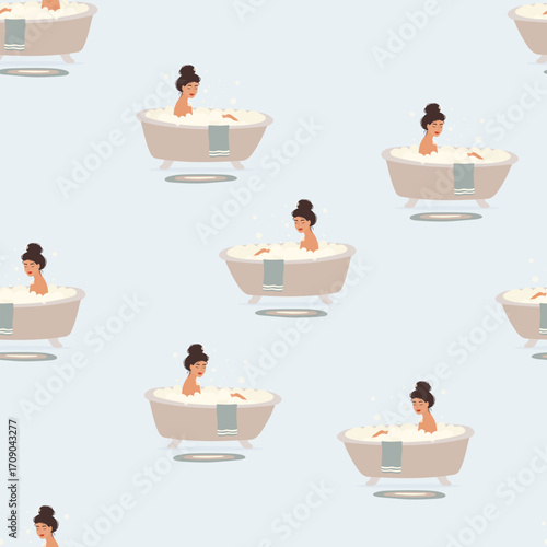 Vector seamless pattern of a woman taking a relaxing bubble bath. Suitable for spa, wellness, beauty, cosmetics, packaging, fabric, cards, self care and lifestyle projects