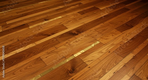 Angled view of hardwood floor featuring wooden planks of varying shades and a metal strip running across its surface.