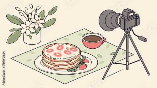 Isometric Illustration of Cake Photography Setup with Camera on Tripod Flowers and Coffee.