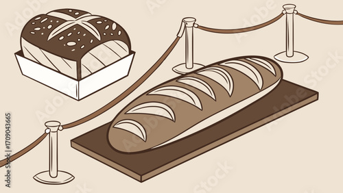 Isometric Illustration of Breads on Display with Stanchions Bakery Product Food Graphic Culinary Design Baked Goods Loaf Pastry Sweet Bread Food Illustration Restaurant Menu Design Bake.