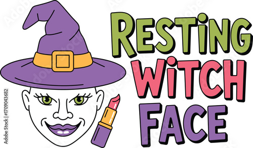 Witch face with purple hat and lipstick resting witch face text
