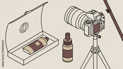 Isometric Illustration of Camera on Tripod with Product Packaging and Bottles.